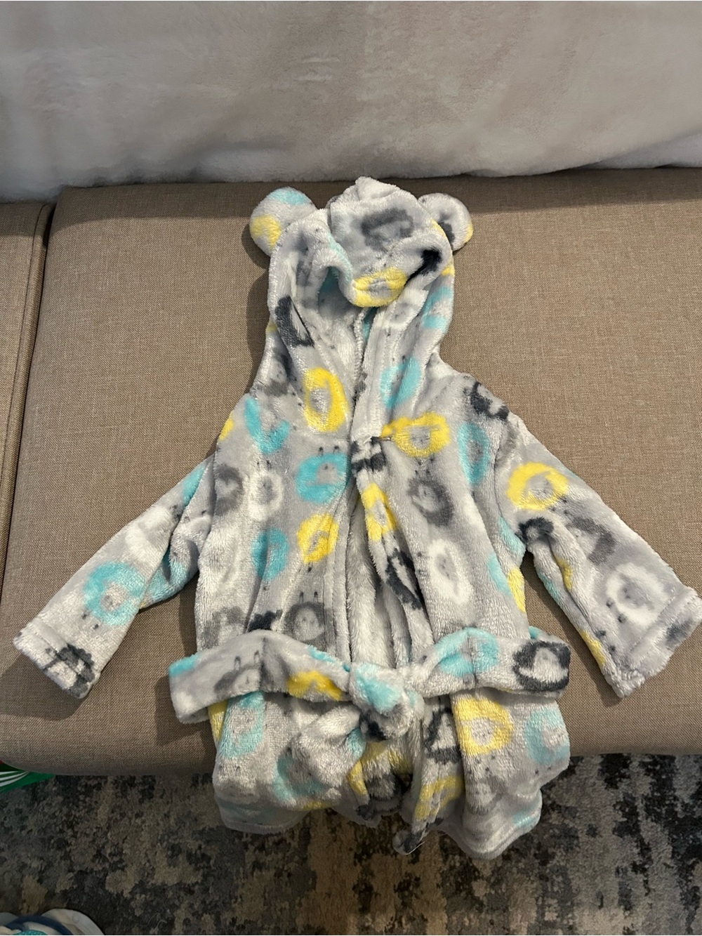 Cozy Hooded Baby Bathrobe with Bear Ears - Gray, Yellow & Teal